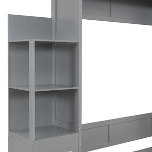 English Elm Full Size Murphy Wall Bed with Led Lighting Open Shelves Drawers Mdf Cabinet LP000565AAE-1