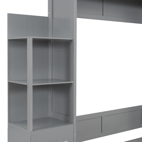 English Elm Full Size Murphy Wall Bed with Led Lighting Open Shelves Drawers Mdf Cabinet LP000565AAE-1