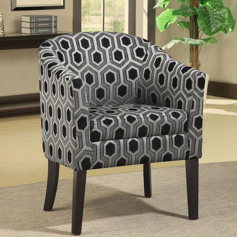 English Elm Grey Barrel Back Accent Chair with Black & White Hexagon Print, Cappuccino Legs, Art Deco Flair, Upholstered Comfort B062P153761