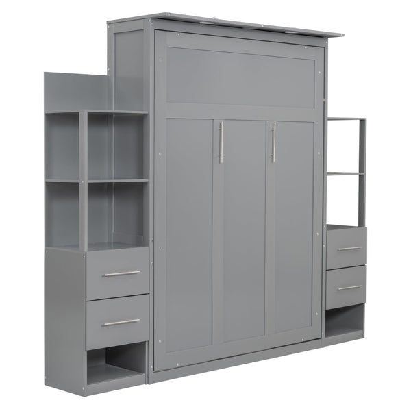 English Elm Full Size Murphy Wall Bed with Led Lighting Open Shelves Drawers Mdf Cabinet LP000565AAE-1