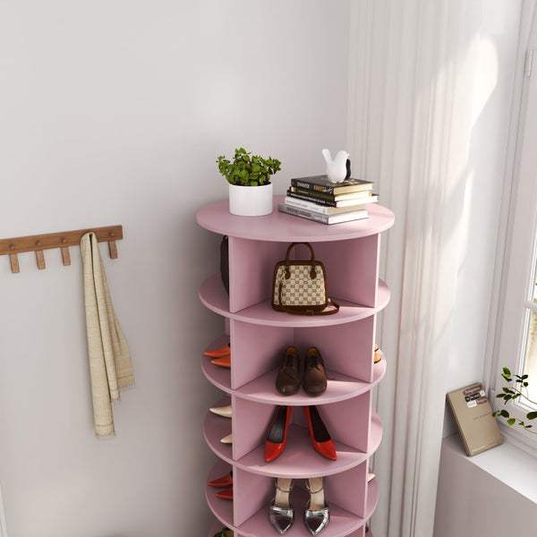 English Elm Pink Rotating Shoe Cabinet Six Tier Slim Cylindrical Organizer for Modern Entryway W1320140917