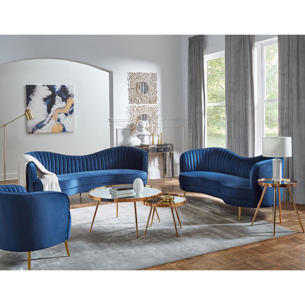 English Elm Blue Velvet Channel Tufted Chair with Gold Legs — Semi-Clamshell Back, Plush Wedge Seat for Glam Rooms B062P153756