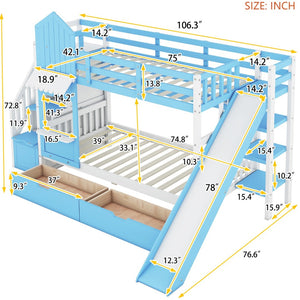 English Elm Twin-over-twin Castle Bunk Bed with Slide Storage Drawers and Shelves for Kids LT000559AAC-3