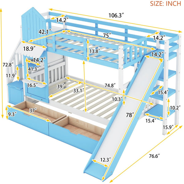 English Elm Twin-over-twin Castle Bunk Bed with Slide Storage Drawers and Shelves for Kids LT000559AAC-3