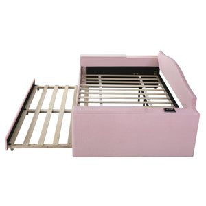 English Elm Full Upholstered Daybed with Trundle, Teddy Fleece Comfort, Bluetooth Speakers & Storage Arms for Cozy Sleepovers Pink SF000108AAH