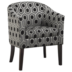 English Elm Grey Barrel Back Accent Chair with Black & White Hexagon Print, Cappuccino Legs, Art Deco Flair, Upholstered Comfort B062P153761