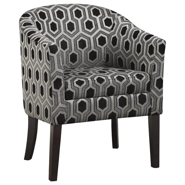 English Elm Grey Barrel Back Accent Chair with Black & White Hexagon Print, Cappuccino Legs, Art Deco Flair, Upholstered Comfort B062P153761