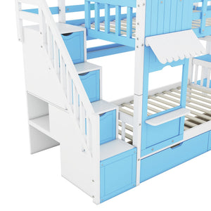 English Elm Twin-over-twin Castle Bunk Bed with Slide Storage Drawers and Shelves for Kids Blue LT000559AAC-1