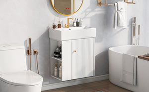 English Elm 21.6inch Modern Floating Bathroom Vanity with Ceramic Basin, Left-Side Storage, Soft-Close Door, Rose Gold Handle WF318758AAK