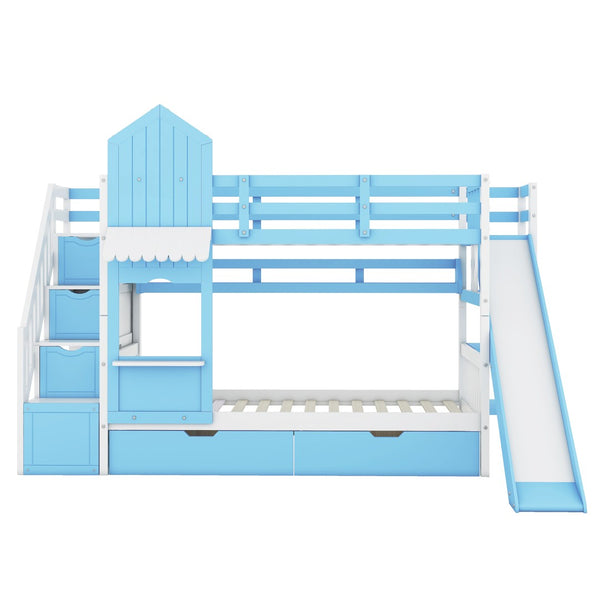English Elm Twin-over-twin Castle Bunk Bed with Slide Storage Drawers and Shelves for Kids LT000559AAC-3