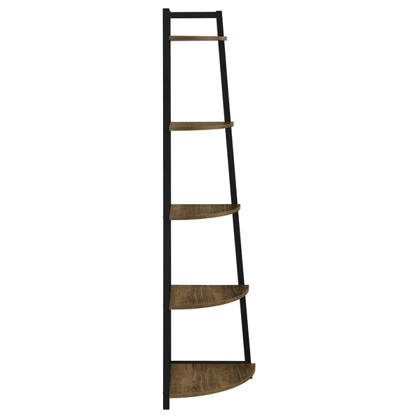 English Elm Aged Walnut Mid-Century 5-Tier Corner Bookcase — Space-Saving Triangular Shelves, Metal Frame Accent B062P153786