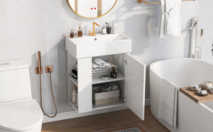 English Elm 21.6inch Modern Floating Bathroom Vanity with Ceramic Basin, Left-Side Storage, Soft-Close Door, Rose Gold Handle WF318758AAK