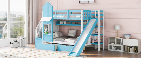 English Elm Twin-over-twin Castle Bunk Bed with Slide Storage Drawers and Shelves for Kids LT000559AAC-3