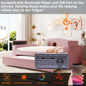 English Elm Full Upholstered Daybed with Trundle, Teddy Fleece Comfort, Bluetooth Speakers & Storage Arms for Cozy Sleepovers Pink SF000108AAH