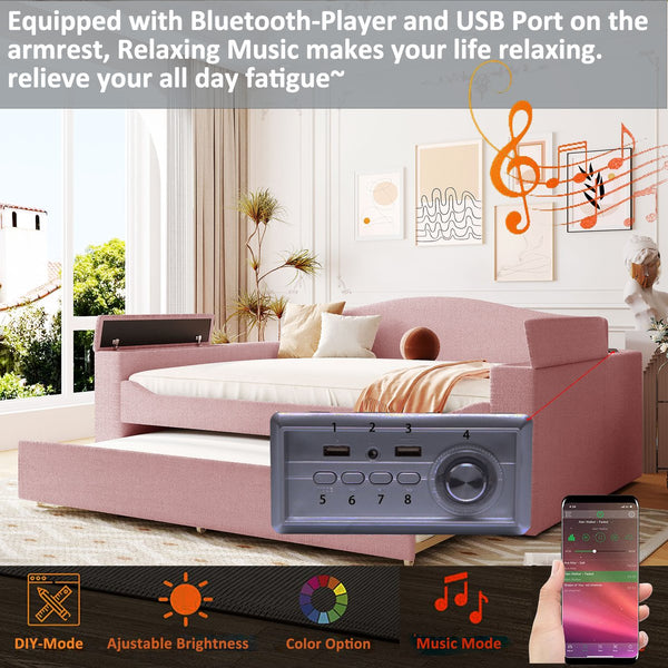 English Elm Full Upholstered Daybed with Trundle, Teddy Fleece Comfort, Bluetooth Speakers & Storage Arms for Cozy Sleepovers Pink SF000108AAH