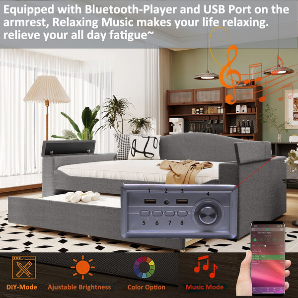 English Elm Full Upholstered Daybed with Trundle, Teddy Fleece Comfort, Bluetooth Speakers & Storage Arms for Cozy Sleepovers Gray SF000108AAE