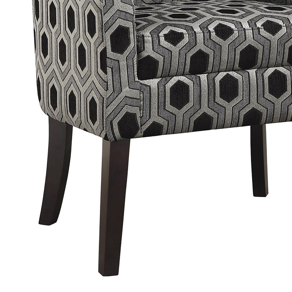 English Elm Grey Barrel Back Accent Chair with Black & White Hexagon Print, Cappuccino Legs, Art Deco Flair, Upholstered Comfort B062P153761