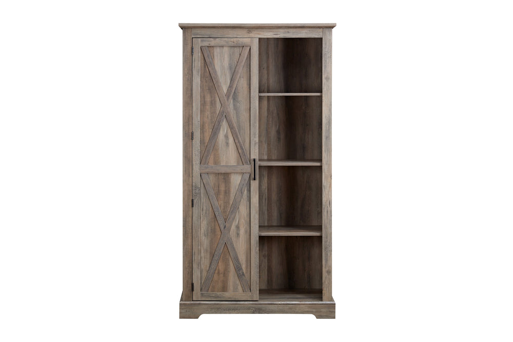 English Elm Tall Rustic Barn Door Storage Cabinet with Open & Hidden Shelves, Quality Hardware, Farmhouse Charm Gray Wash W2275P149117