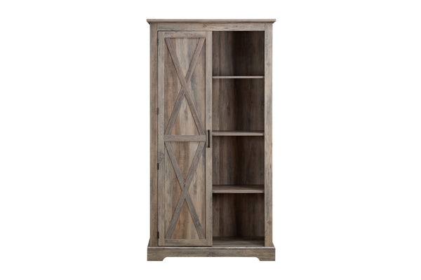 English Elm Tall Rustic Barn Door Storage Cabinet with Open & Hidden Shelves, Quality Hardware, Farmhouse Charm Gray Wash W2275P149117