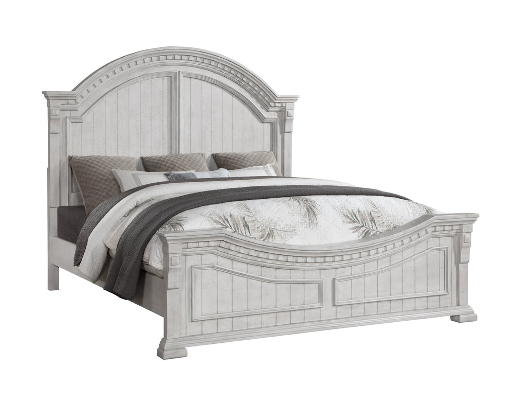 English Elm Transitional Faith Queen Bed in Antique White Wood Finish with Elegant Headboard, Solid+Engineered Frame B009S01314