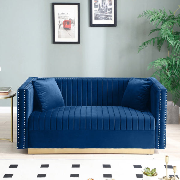 English Elm Contemporary Velvet Channel Tufted Loveseat Sofa - Modern Upholstered 2-Seater with Pillows, Sleek Apartment Style Blue W1117P147506
