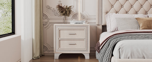 English Elm Mid Century Nightstand Velvet 2-Drawer Bedside Table with Metal Legs, Retro Space-Saving Storage and Durable Finish Beige 23.5 L x 19 W x 17 H N733P183659A