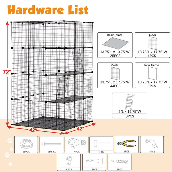 English Elm 3-tier Iron Mesh Cat Enclosure Large Indoor Outdoor Kennel with Ramps and Lockable Doors W2181P155328