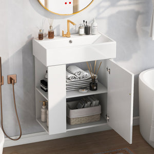 English Elm 21.6inch Modern Floating Bathroom Vanity with Ceramic Basin, Left-Side Storage, Soft-Close Door, Rose Gold Handle WF318758AAK