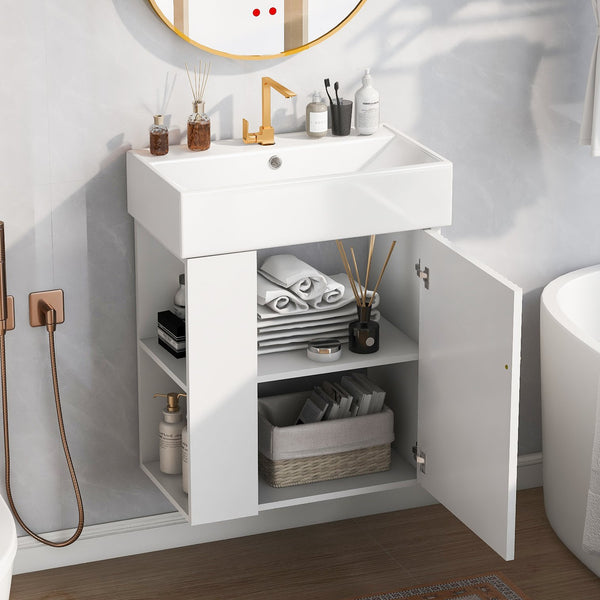 English Elm 21.6inch Modern Floating Bathroom Vanity with Ceramic Basin, Left-Side Storage, Soft-Close Door, Rose Gold Handle WF318758AAK