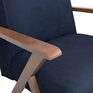 English Elm Dark Blue Vintage Mid-Century Accent Chair with Walnut Arms & Tapered Legs, Plush Upholstery B062P153760