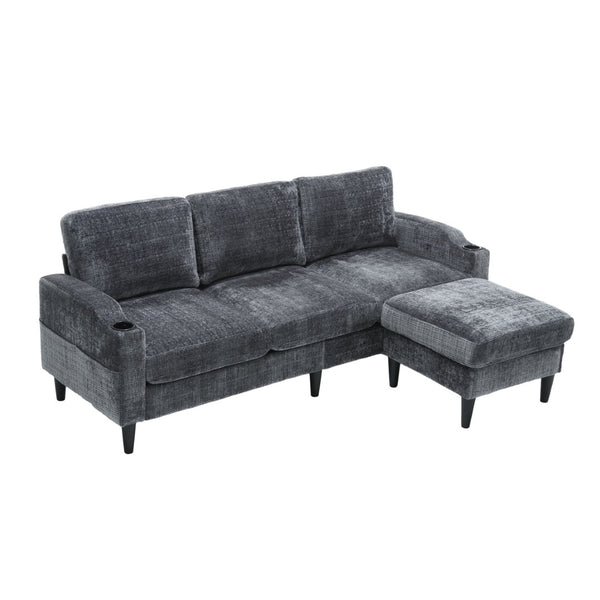 English Elm United We Win Chenille Three Seat Sectional Sofa with Storage Ottoman and Cup Holders Grey W1568142738