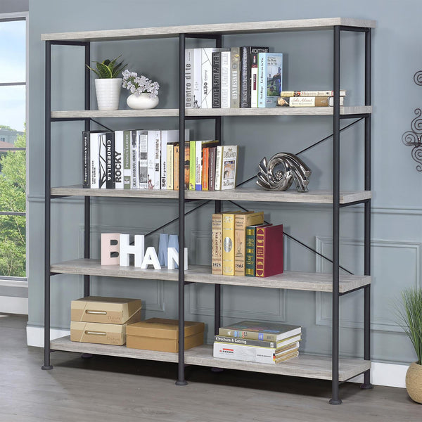 English Elm Grey Industrial Driftwood & Black Double-Wide Bookcase – 4-Tier Rustic Shelves, Metal Pipe Frame, 44 lb Capacity Each B062P153782