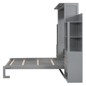 English Elm Full Size Murphy Wall Bed with Led Lighting Open Shelves Drawers Mdf Cabinet LP000565AAE-1