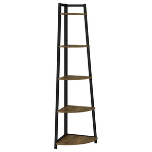 English Elm Aged Walnut Mid-Century 5-Tier Corner Bookcase — Space-Saving Triangular Shelves, Metal Frame Accent B062P153786