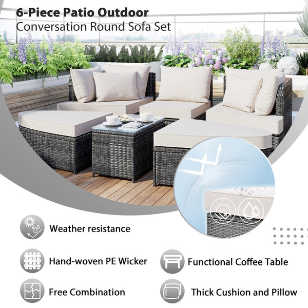 English Elm TOPMAX 6-Piece Patio Conversation Sofa Set with Modular Seating, Thick Cushions & Tempered Glass Table Beige SP100020AAA