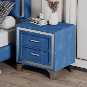 English Elm Mid Century Vintage Nightstand With Metal Legs For Bedroom, Velvet Bedside Table With 2 Drawers, Fully Assembled Except Legs and Handles, Blue