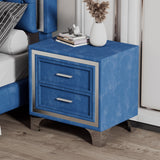 Blue Velvet 2-Drawer Nightstand, Mid-Century Style, Metal Legs