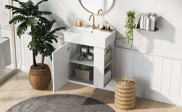 English Elm 21.6inch Modern Floating Bathroom Vanity with Ceramic Basin, Wave Door, Rose Gold Handle, Right Side Storage and Soft-Close Design WF318757AAK