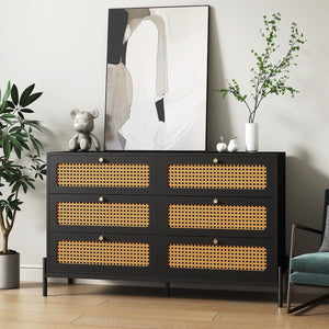 English Elm Rattan 6-Drawer Dresser with Rattan Doors & Gold Handles, Water-Resistant MDF, Spacious Storage W1321132577