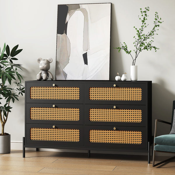 English Elm Rattan 6-Drawer Dresser with Rattan Doors & Gold Handles, Water-Resistant MDF, Spacious Storage W1321132577