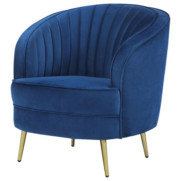 English Elm Blue Velvet Channel Tufted Chair with Gold Legs — Semi-Clamshell Back, Plush Wedge Seat for Glam Rooms B062P153756