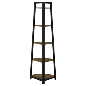 English Elm Aged Walnut Mid-Century 5-Tier Corner Bookcase — Space-Saving Triangular Shelves, Metal Frame Accent B062P153786