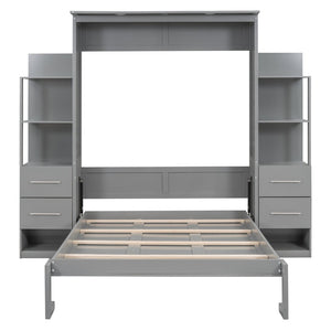 English Elm Full Size Murphy Wall Bed with Led Lighting Open Shelves Drawers Mdf Cabinet LP000565AAE-1