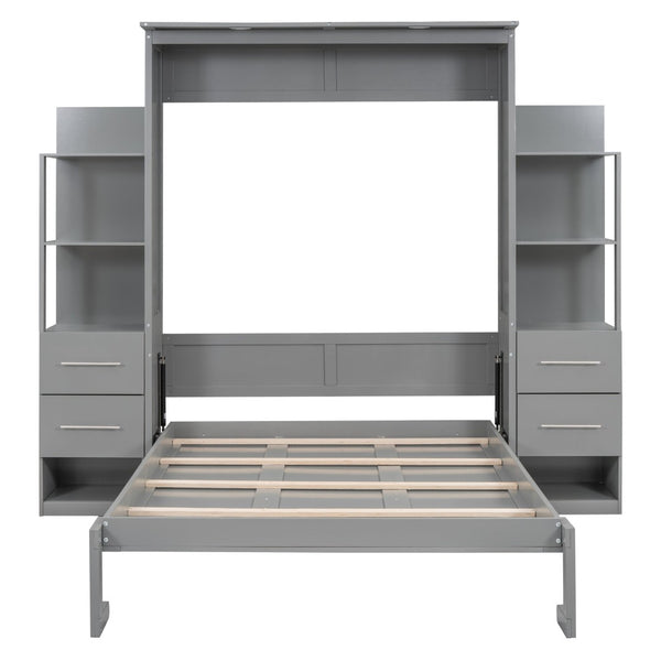 English Elm Full Size Murphy Wall Bed with Led Lighting Open Shelves Drawers Mdf Cabinet LP000565AAE-1