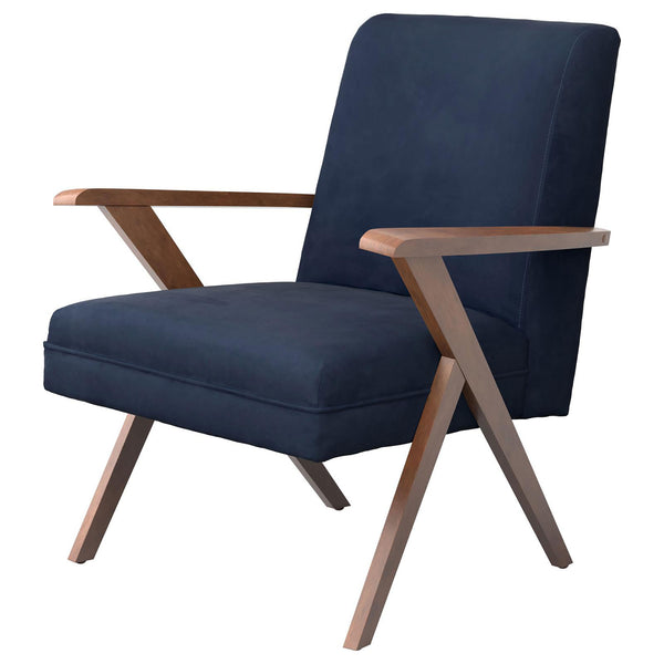 English Elm Dark Blue Vintage Mid-Century Accent Chair with Walnut Arms & Tapered Legs, Plush Upholstery B062P153760