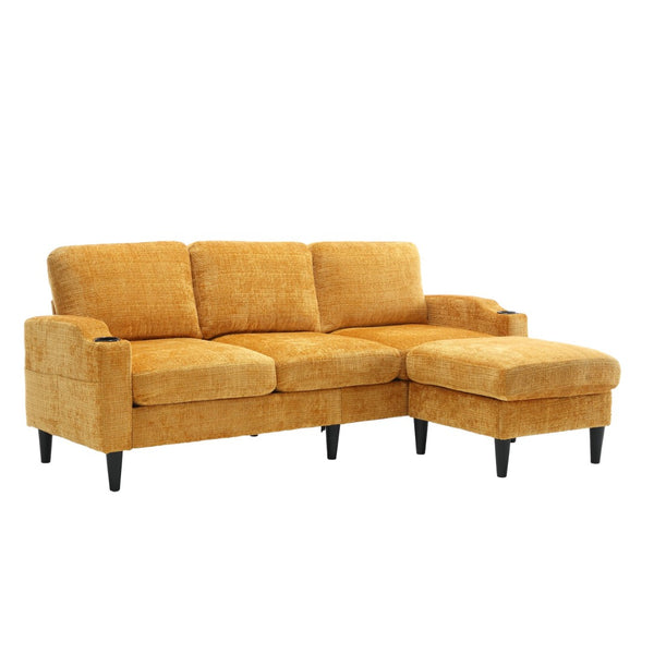 English Elm United We Win Chenille Three Seat Sectional Sofa with Storage Ottoman and Cup Holders Yellow W1568142737