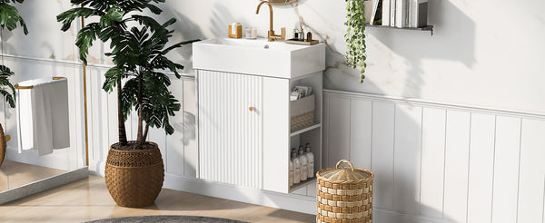 English Elm 21.6inch Modern Floating Bathroom Vanity with Ceramic Basin, Wave Door, Rose Gold Handle, Right Side Storage and Soft-Close Design WF318757AAK