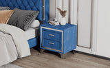 English Elm Mid Century Vintage Nightstand With Metal Legs For Bedroom, Velvet Bedside Table With 2 Drawers, Fully Assembled Except Legs and Handles, Blue