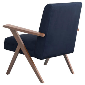English Elm Dark Blue Vintage Mid-Century Accent Chair with Walnut Arms & Tapered Legs, Plush Upholstery B062P153760
