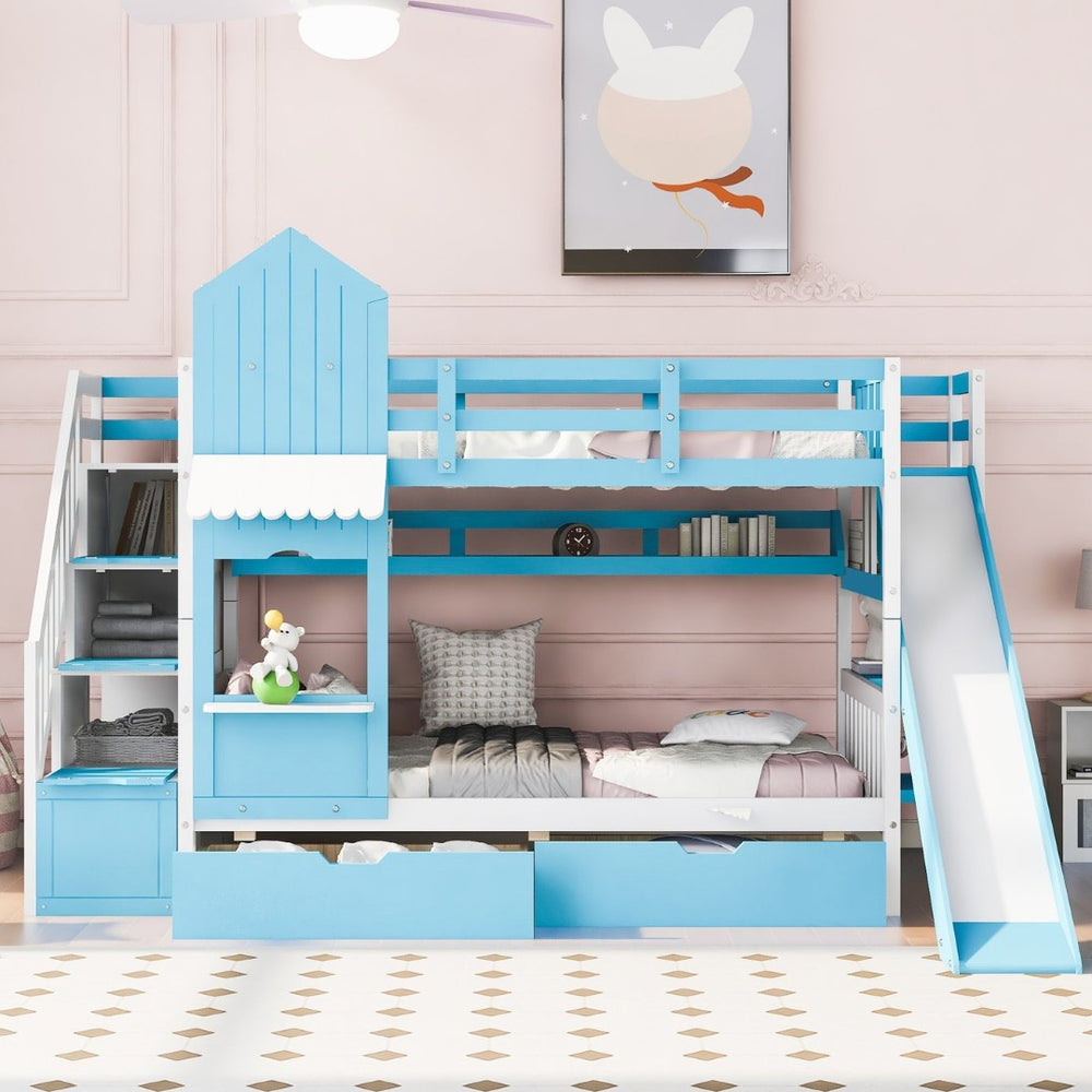 English Elm Twin-over-twin Castle Bunk Bed with Slide Storage Drawers and Shelves for Kids LT000559AAC-3